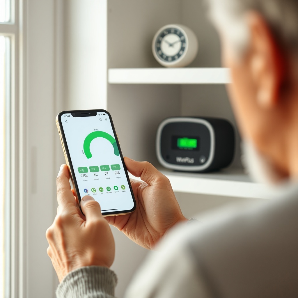 A clean photorealistic photo of a homeowner looking at a smartphone app with green radon l