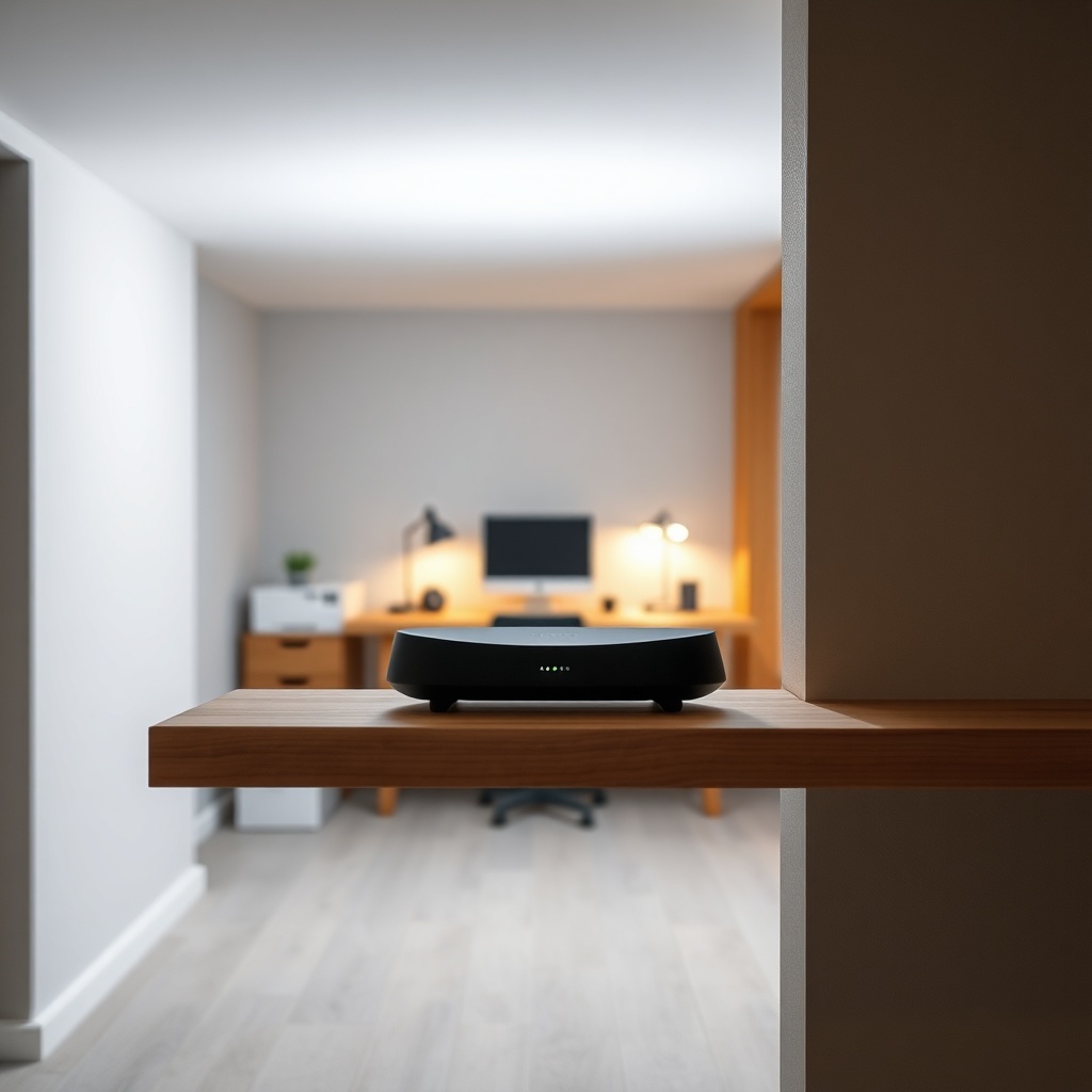 Airthings Wave Plus placed on a wooden shelf in a finished basement