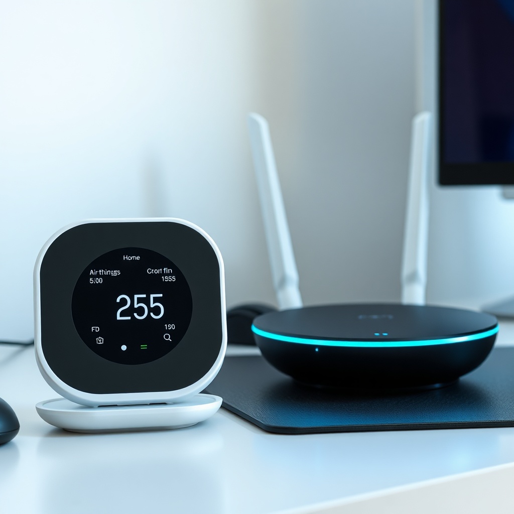 Airthings Wave Plus next to a Corentium Home on a desk