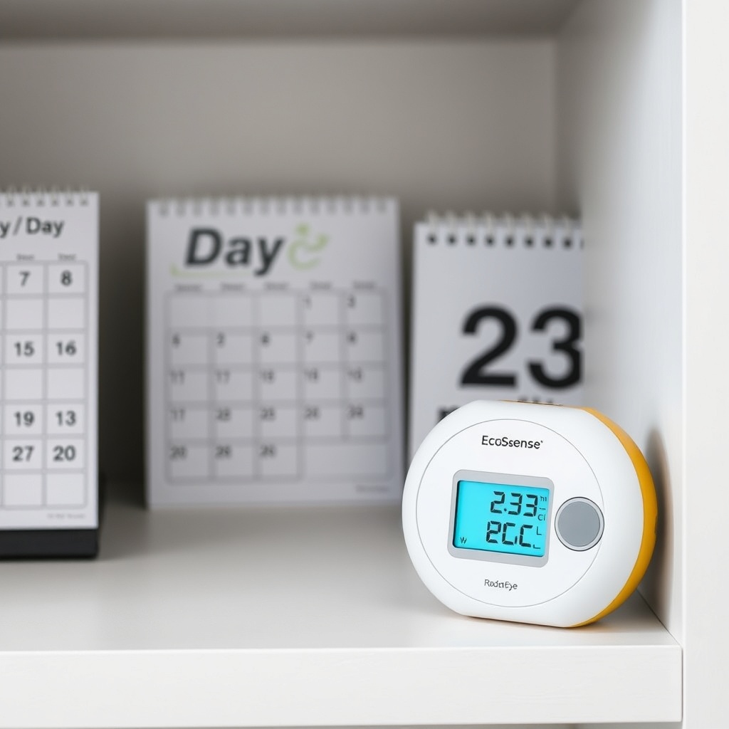 A clean photorealistic photo of an Ecosense RD200 RadonEye sitting on a basement shelf nex