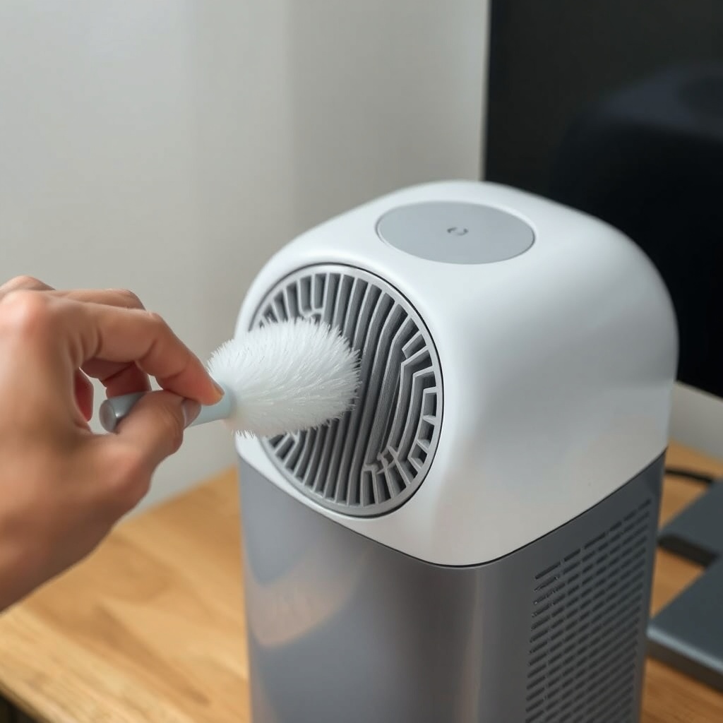 A clean photorealistic photo of a hand using a soft brush to clean the air intake grille o