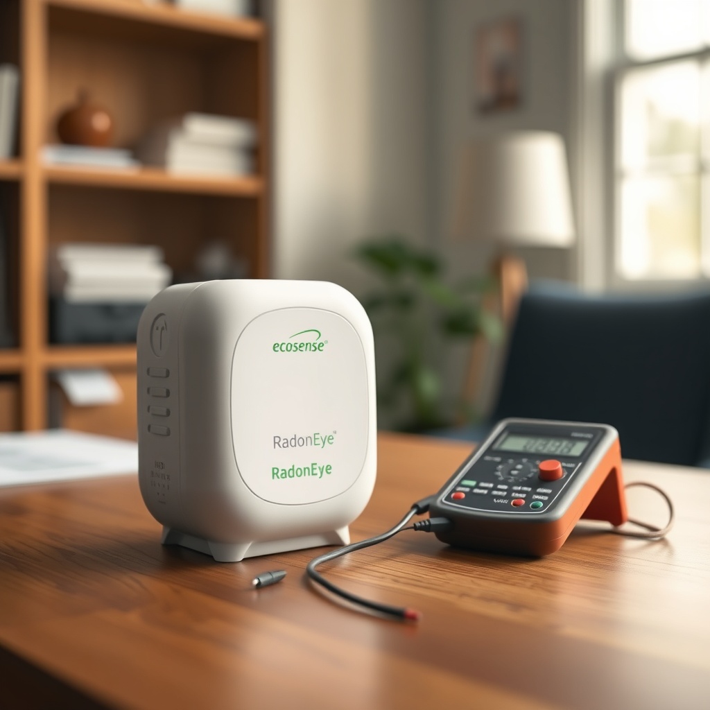 <clean photorealistic photo of the Ecosense RD200 RadonEye placed on a wooden desk with a