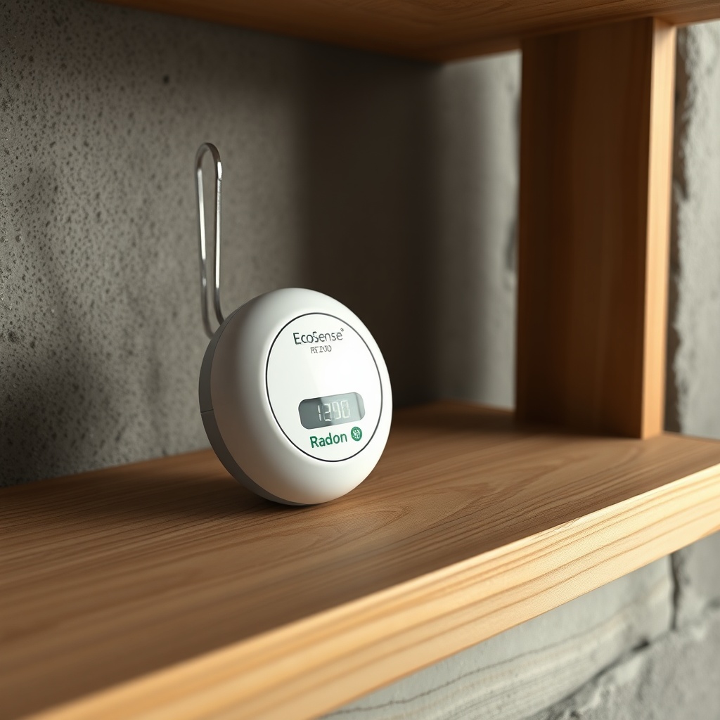 A photorealistic photo of the Ecosense RD200 RadonEye placed on a wooden basement shelf wi