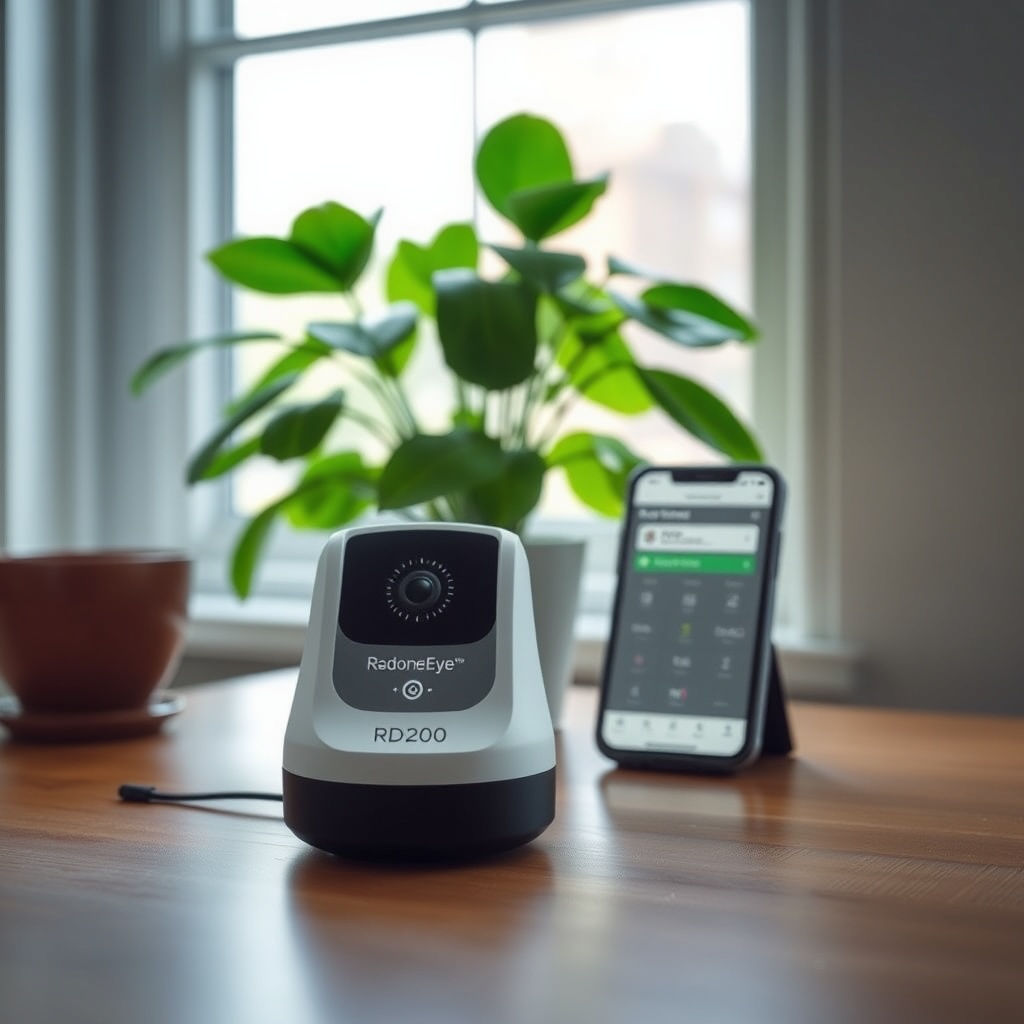A photorealistic photo of the RD200 RadonEye sitting on a wooden table near a window with