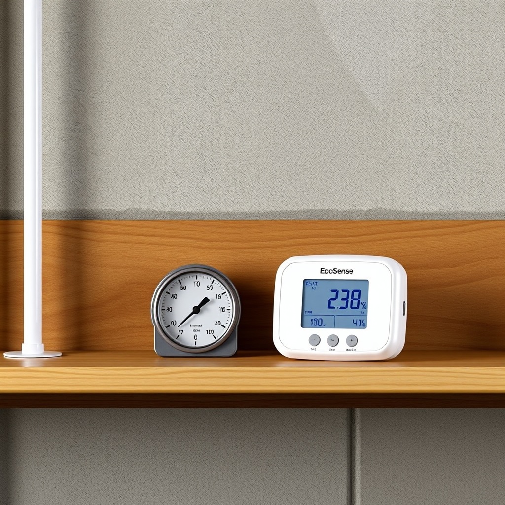 A clean photorealistic photo showing the Ecosense RD200 on a wooden basement shelf next to