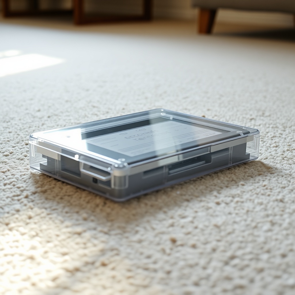 A clean photorealistic photo of the Ecosense RD200 lying on a carpeted floor with a slight