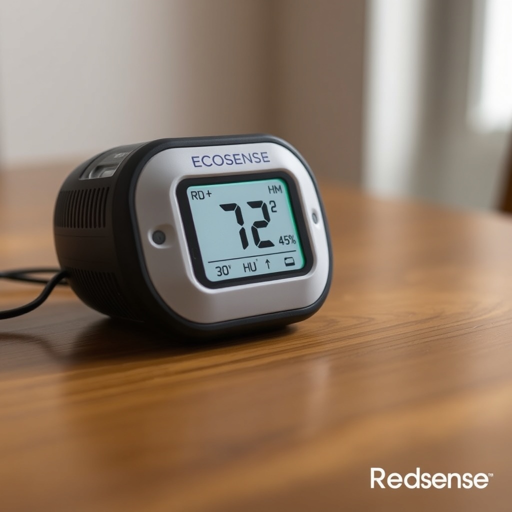 A photorealistic close-up of the Ecosense RD200 RadonEye on a wooden table