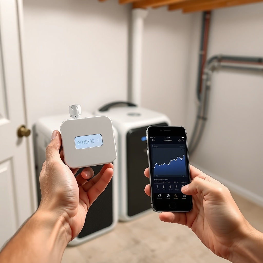 A photorealistic image of a homeowner holding the Ecosense RD200 near a dehumidifier in a