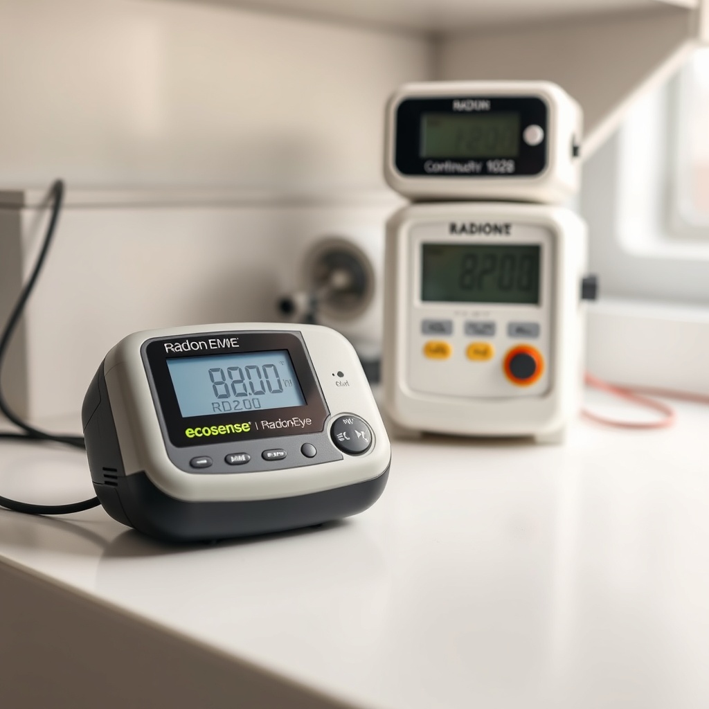 A photorealistic photo of an Ecosense RD200 RadonEye placed next to a professional continu