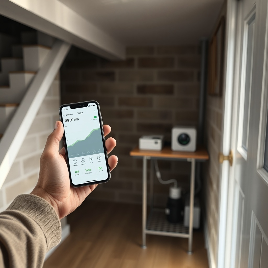 A photorealistic photo of a person standing in a residential basement holding a smartphone