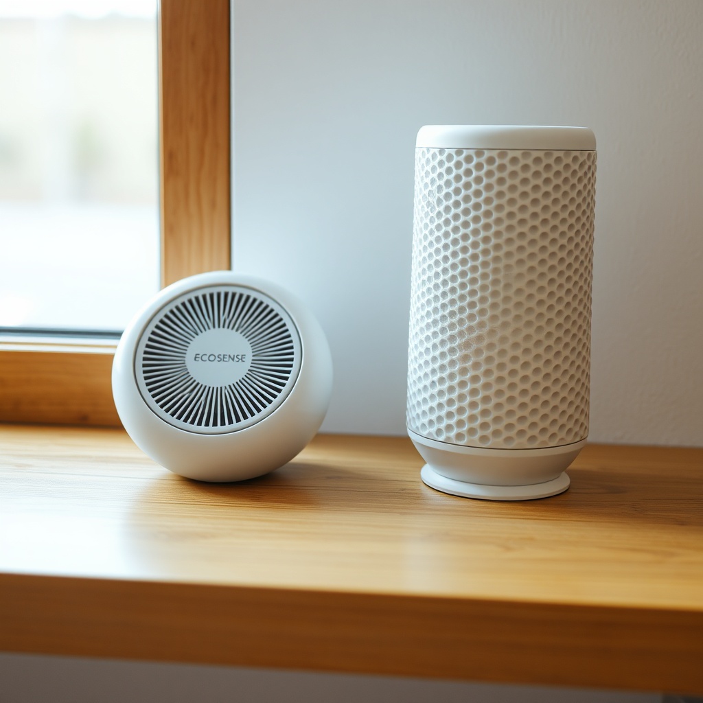 Two small white electronic devices sitting on a wooden bookshelf; the left is the round