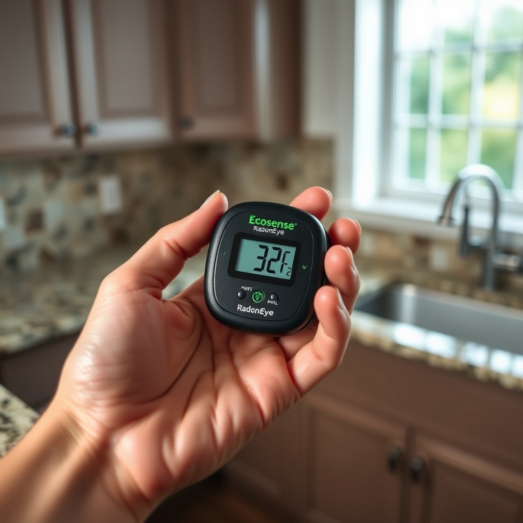 A person's hand holding an Ecosense RD200 RadonEye in a bright kitchen; the device's small