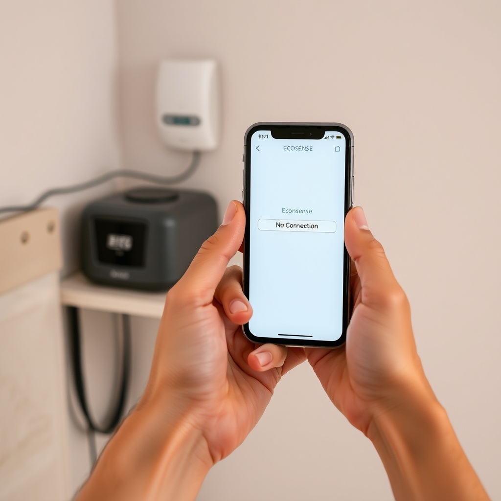 <a clean photorealistic photo of a person holding a smartphone near a basement wall
