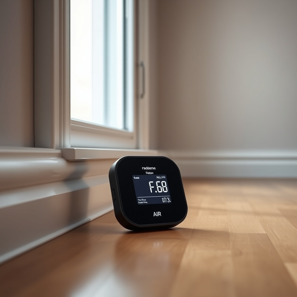 <clean photorealistic photo of Ecosense RD200 RadonEye on a hardwood floor showing its OLE