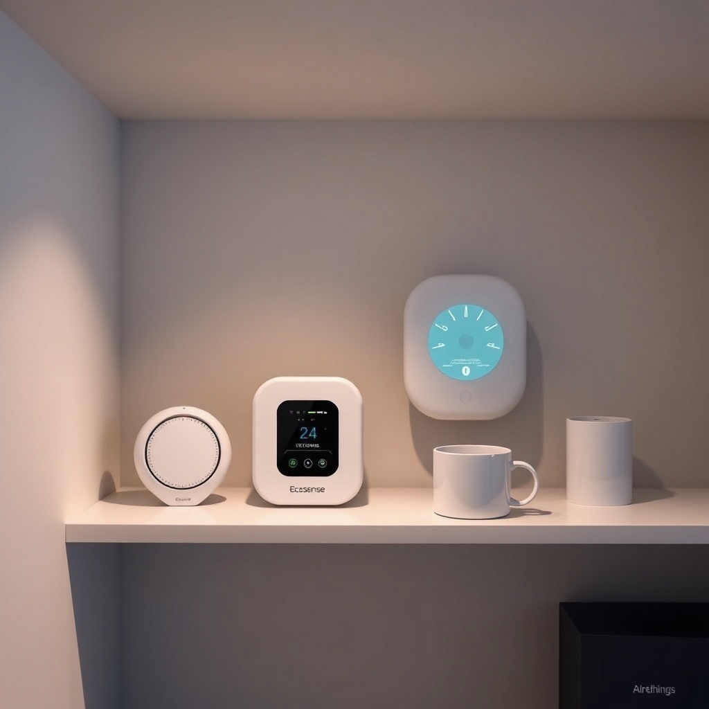 <clean photorealistic photo of a basement corner showing both the Ecosense RD200 and Airth